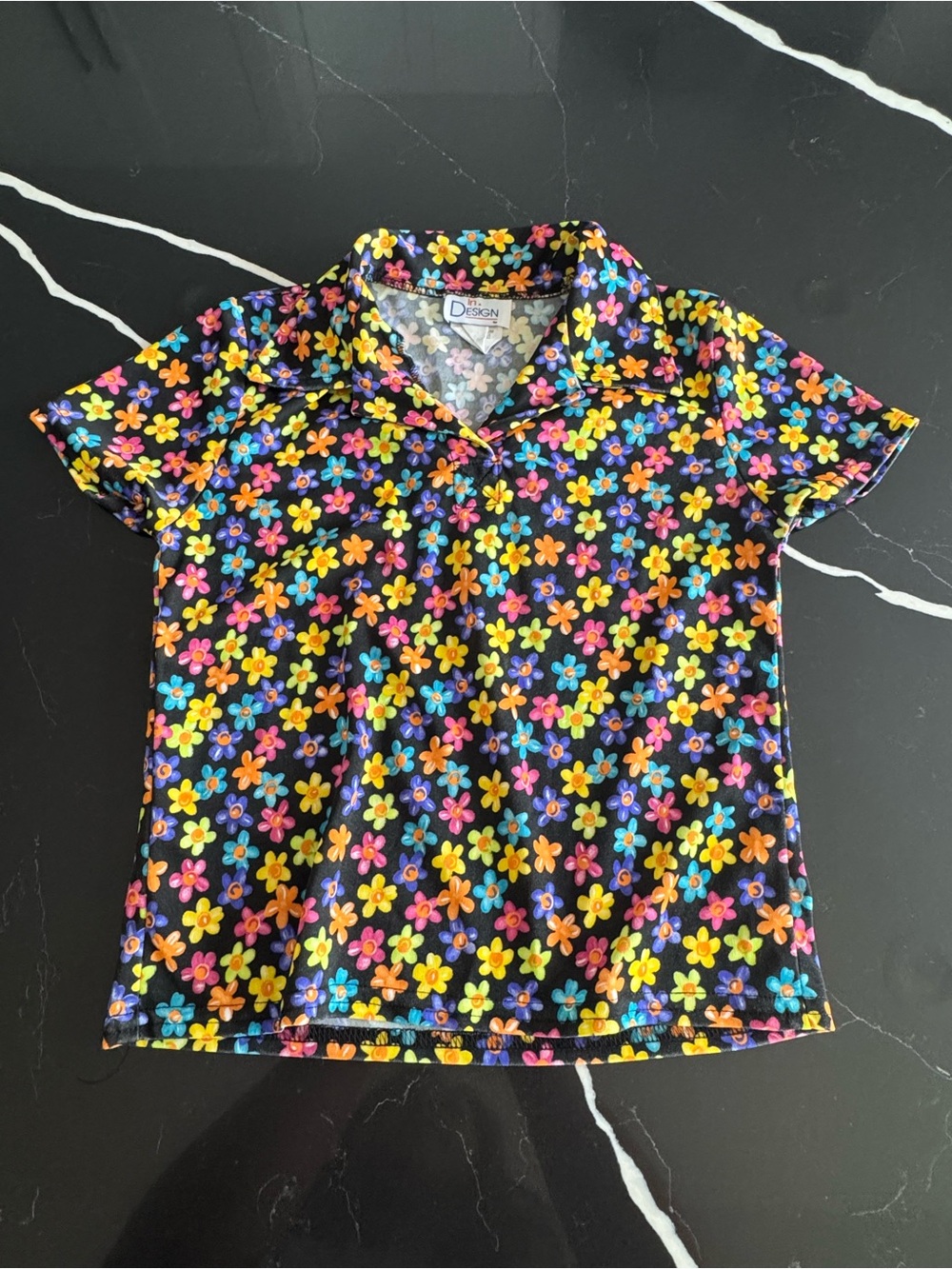 Vintage 90sKids' Black Floral Polo Top - Multicolor Flower Print